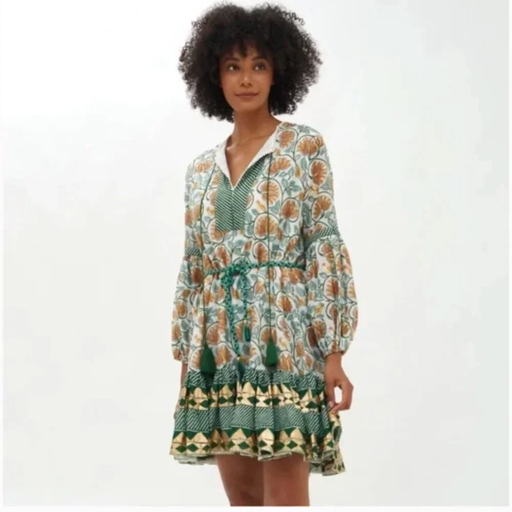 NWT Oliphant Green and Orange Floral Montenegro Amber Balloon Drop Mini Dress